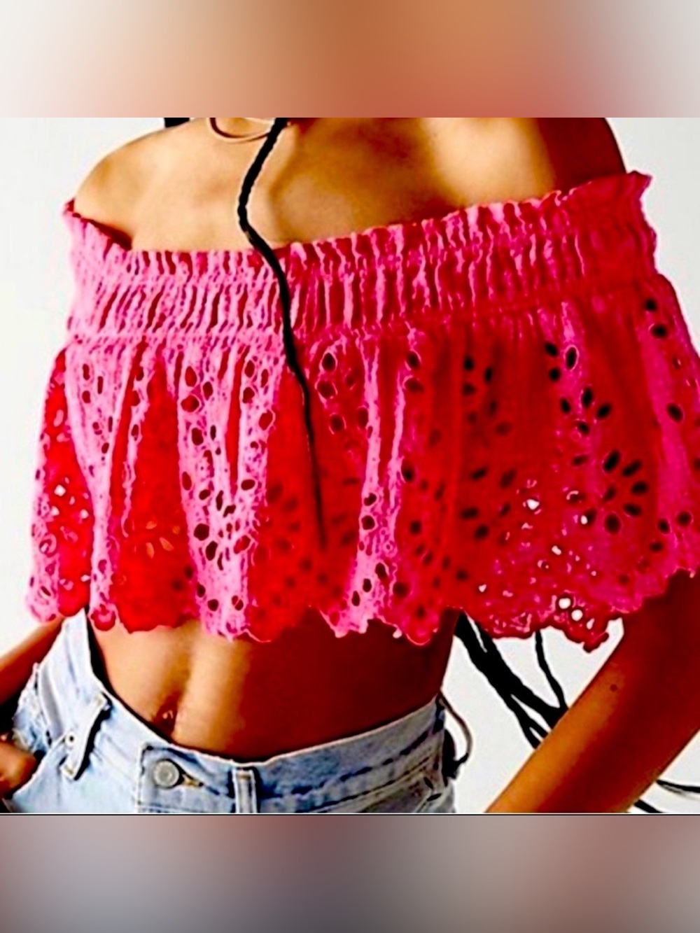 NWOT FP One Perla Eyelet Lace Off-shoulder Hot Pink Crop Top